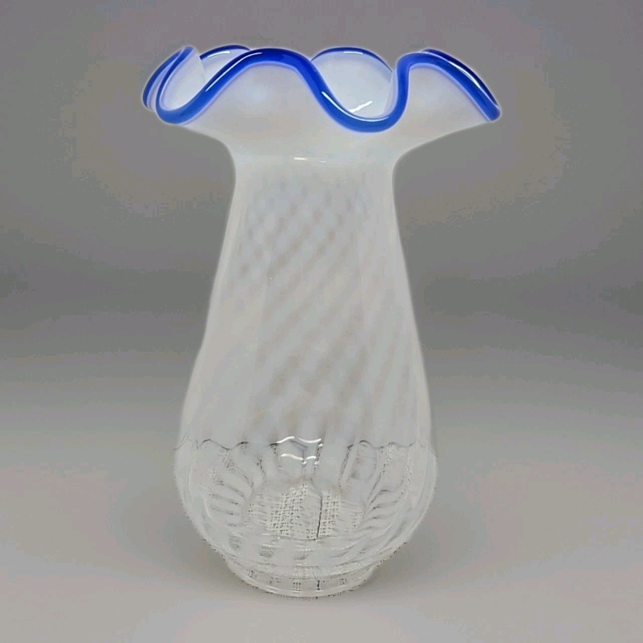 Vtg Fenton Blue Ridge 80th Anniversary Vase Opalescent Optic Swirl & Ruffle 7.5\