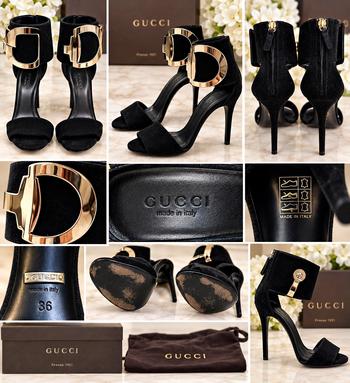 GUCCI Black Suede Gold Horsebit Ankle Cuff Stiletto Sandals Heels – Size 36