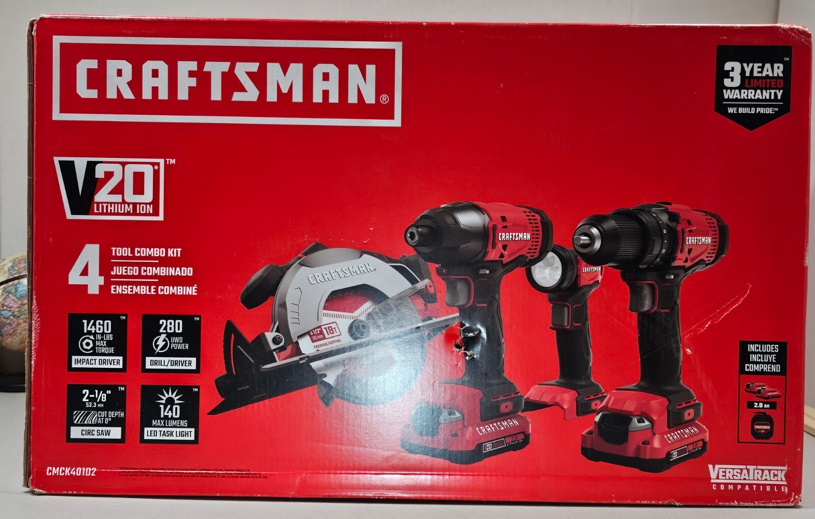 Craftsman CMCK401D2 V20 Li-Ion 4 Tool Combo Kit + (2) 2.0 AH Battery Cordless 