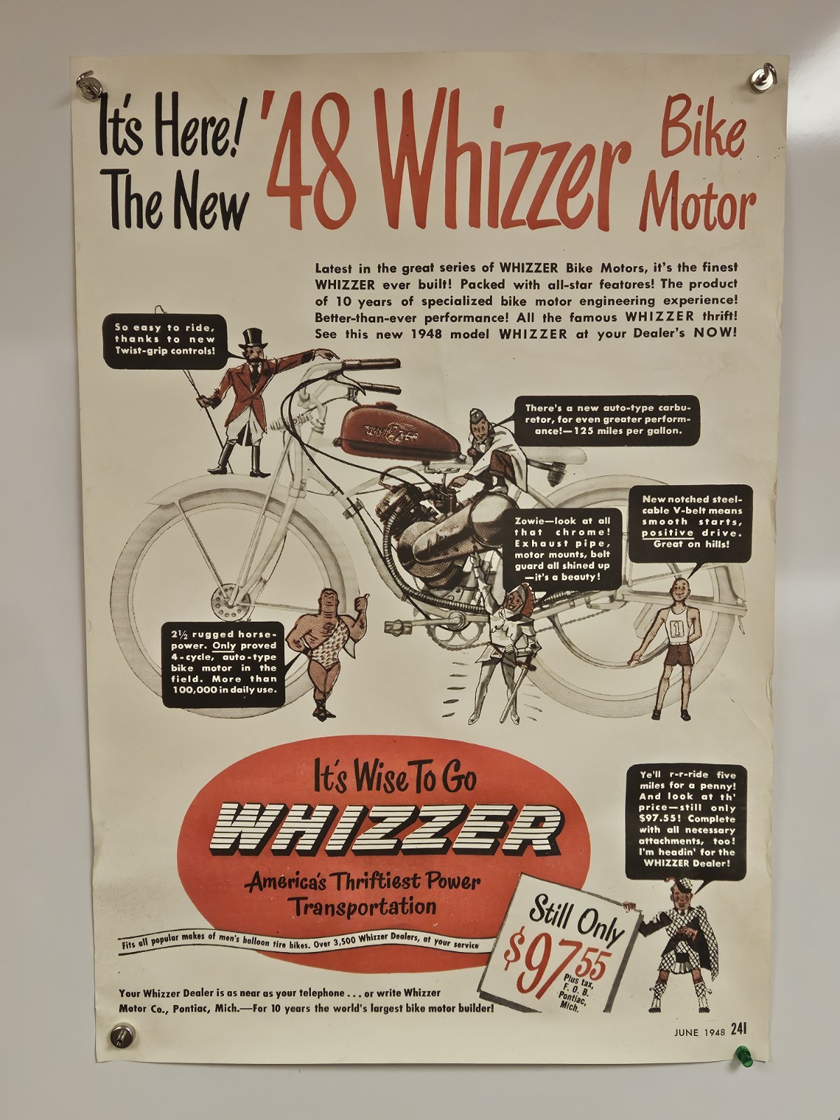 Vintage 1948 WHIZZER Bike Motor Engine Poster Full Size