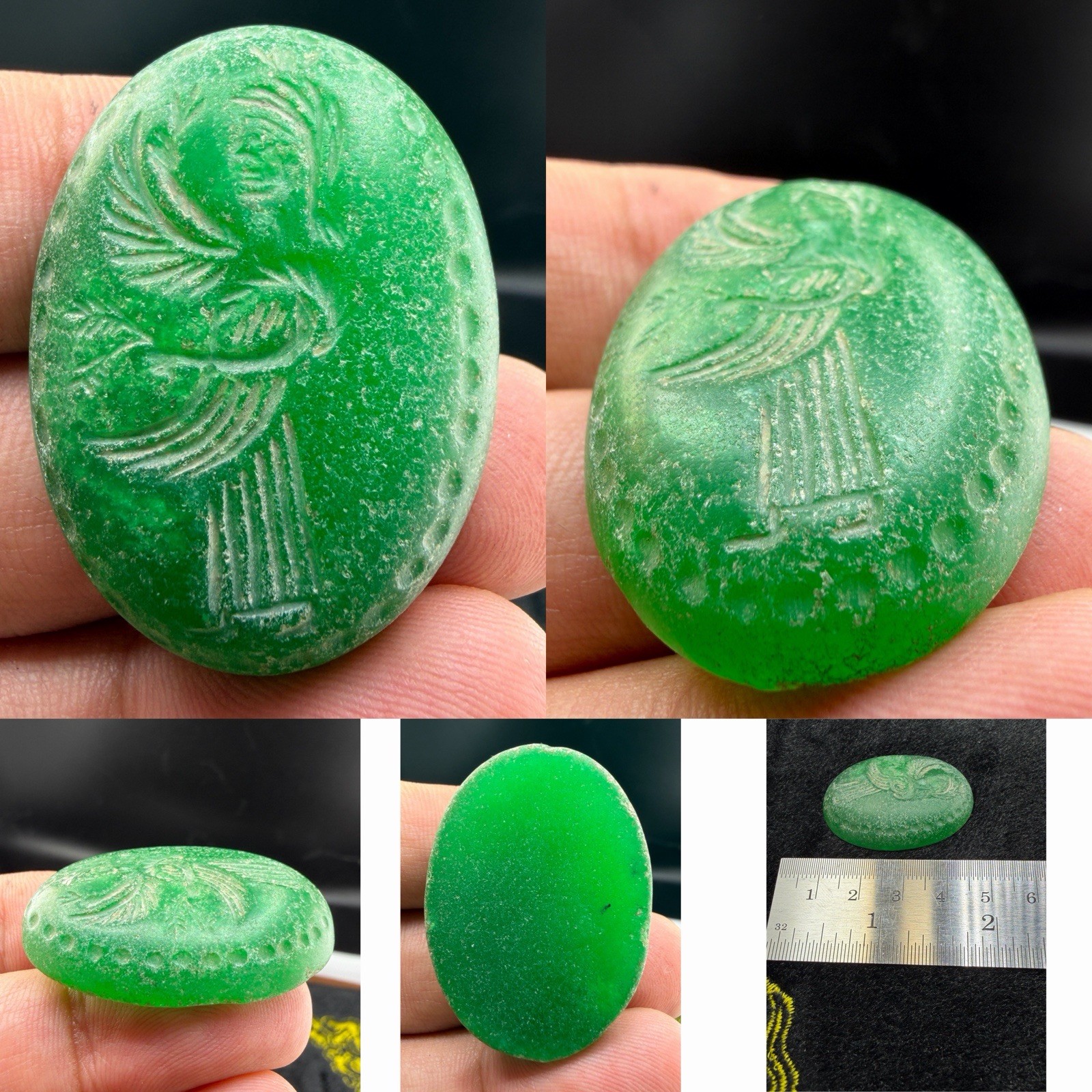 Roman Greek Green Intaglio Winged Figure Oval Seal Amulet Carved Stone