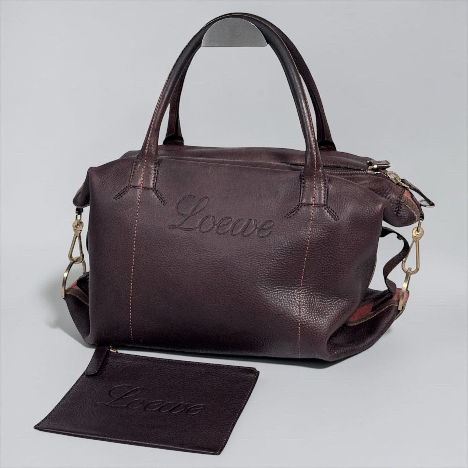 LOEWE Embossed Logo Mini Boston Bag 2-Way Leather Brown Tote Bag w/Pouch