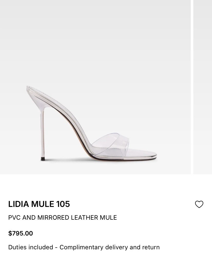 PARIS TEXAS. LIDIA MULE 105 PVC AND MIRRORED LEATHER MULE. Size 36. $795 PARIS TEXAS. LIDIA MULE 105 PVC AND MIRRORED LEATHER MULE. Size 36. $795
