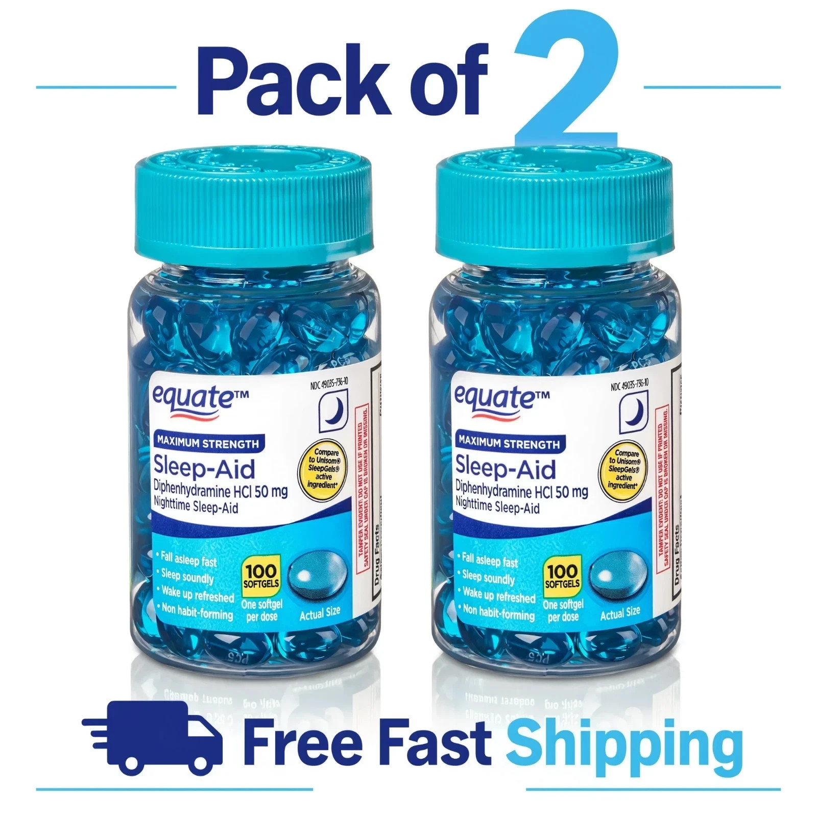 Equate Nighttime Sleep-Aid Softgels 50mg, 100 Ct, 2pk, Compare to Unisom®