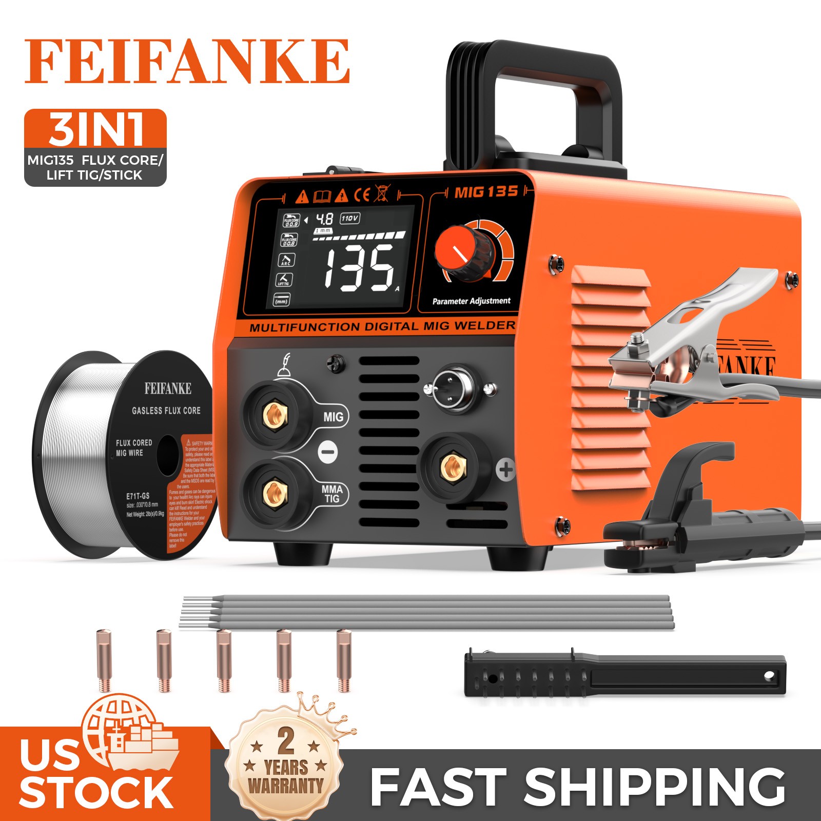 FEIFANKE 135A Flux Core MIG Welder 110V MIG/ARC/Lift TIG Gasless For Repair Work