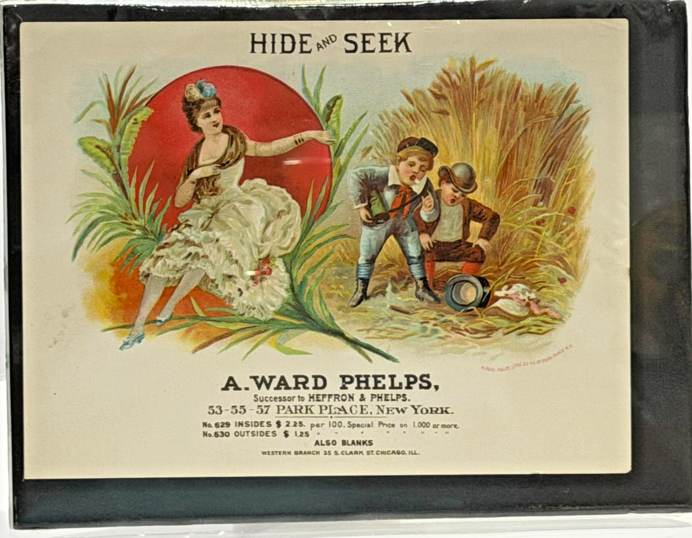 935~Rare 1890s A Ward Phelps Hide & Seek Cigar Label Salesman Sample Chicago NOS