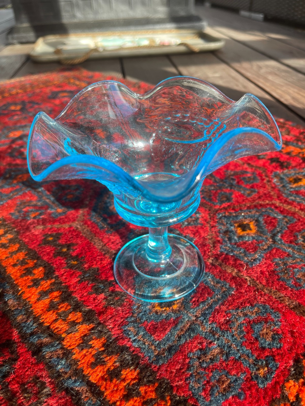 Vintage Rare midcentury Fenton Wright blue, ruffled or crimped edge glass 
