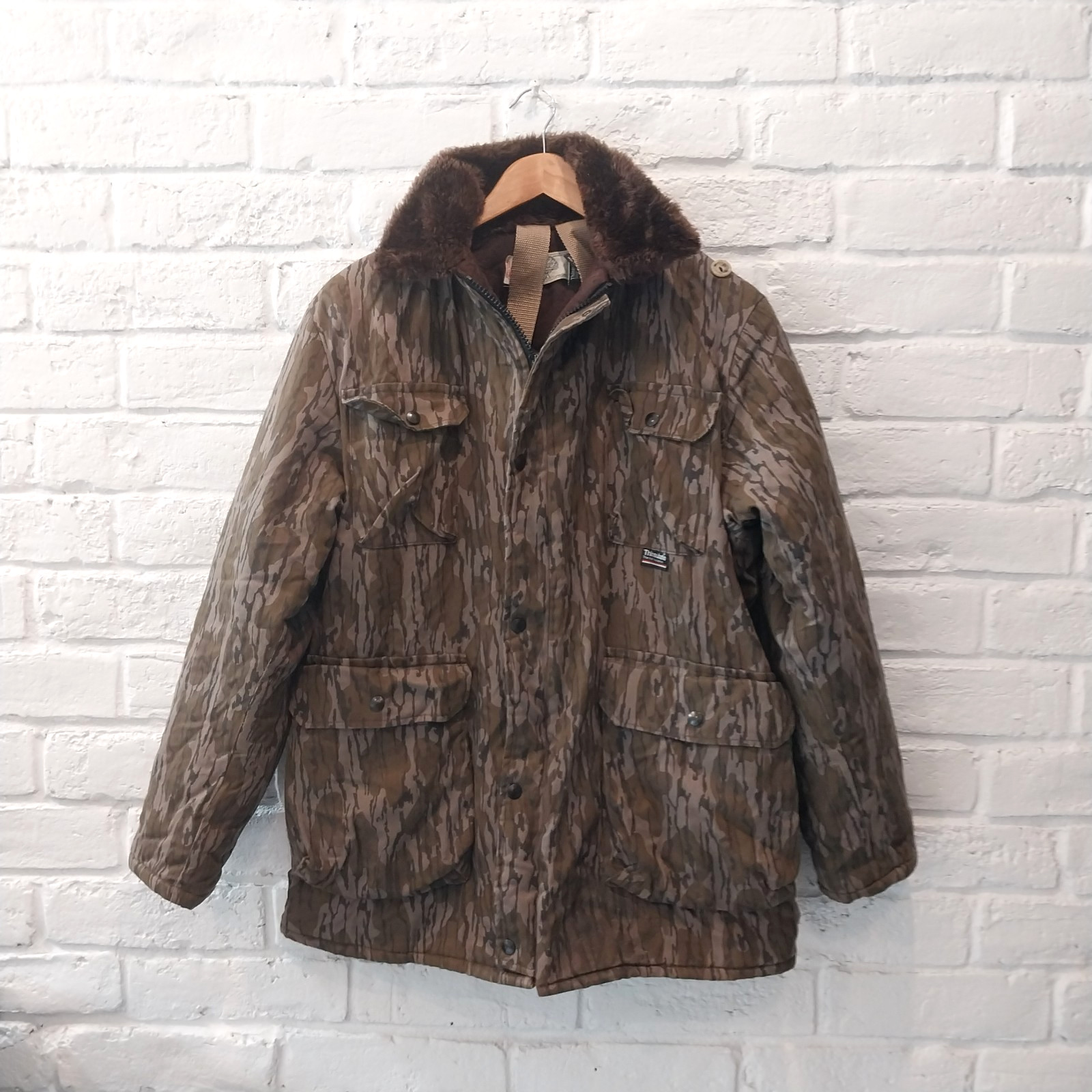 Vintage Mossy Oak Bottomland Camo Jacket L Fau Fur Collar Quilt Lined Thinsulate