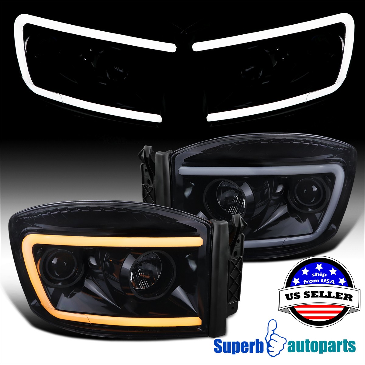 Fits 2006-2008 Ram 1500 Glossy Black Projector Headlights Switchback LED Signal Fits 2006-2008 Ram 1500 Glossy Black Projector Headlights Switchback LED Signal