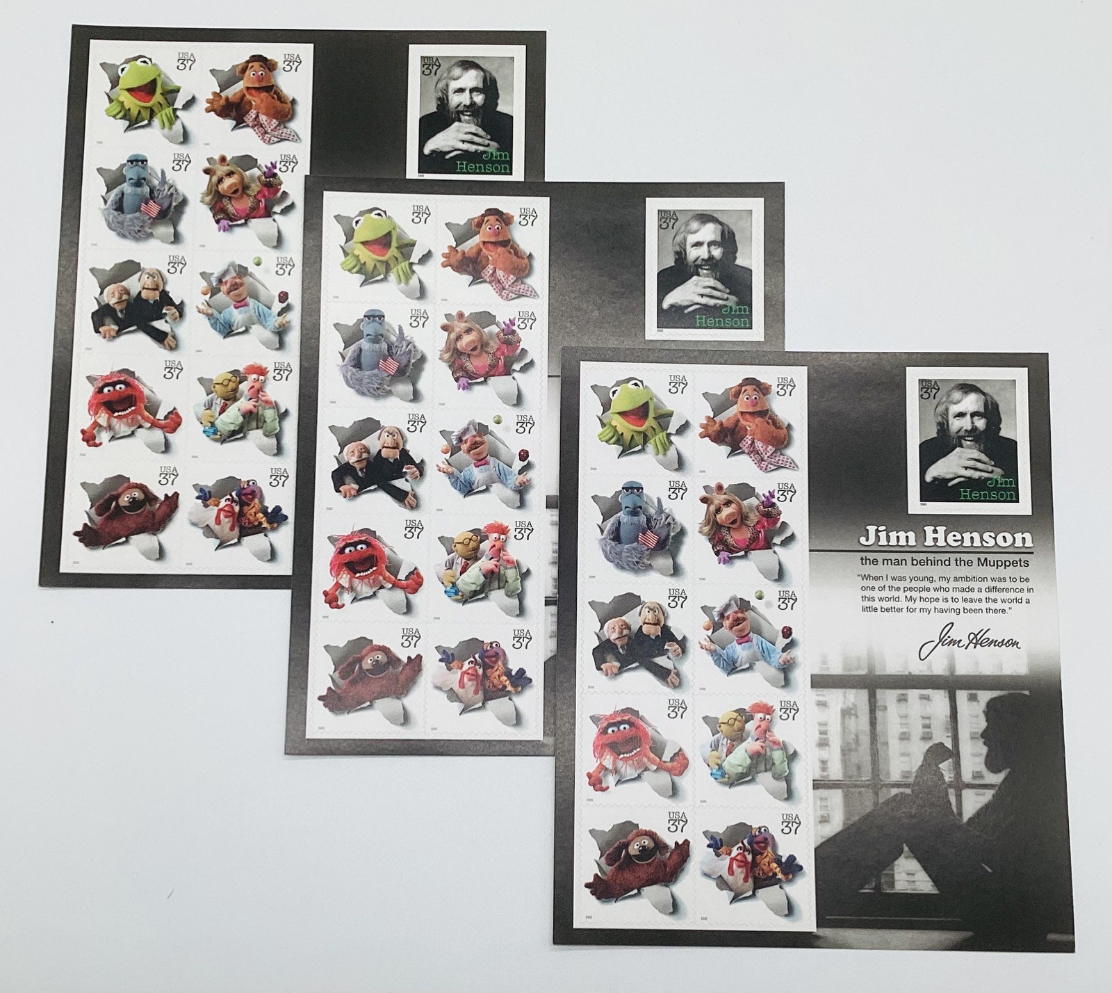 Three Panes x 11 = 33 of JIM HENSON & The Muppets 37¢ US Postage Stamps. Sc 3944