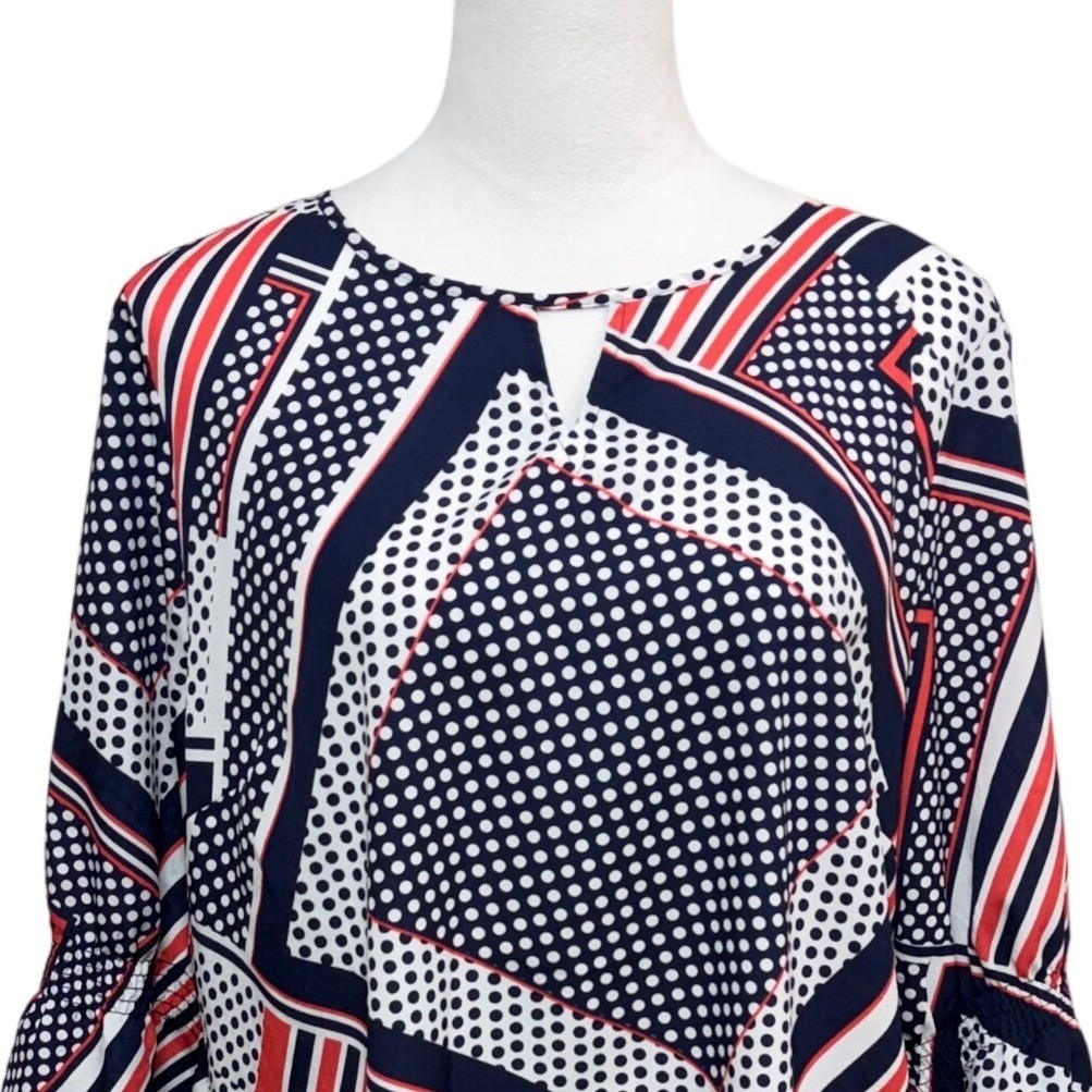 Chicos Top Blouse Womens Large 2 Blue Red Polka Dot 3/4 Bell Sleeve Top
