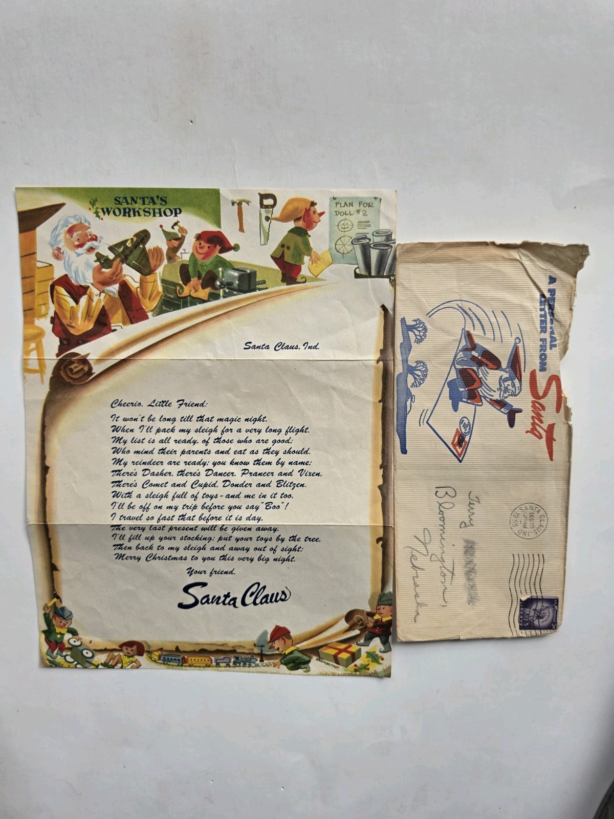 Vintage 1955 Christmas Letter From Santa Claus With Envelope  - IGA promotion