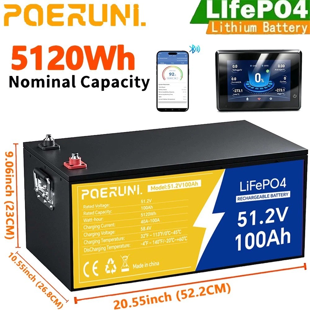 POERUNI 48V 100Ah LiFePO4 Lithium Battery 5120Wh LCD Monitor Golf Cart Bluetooth