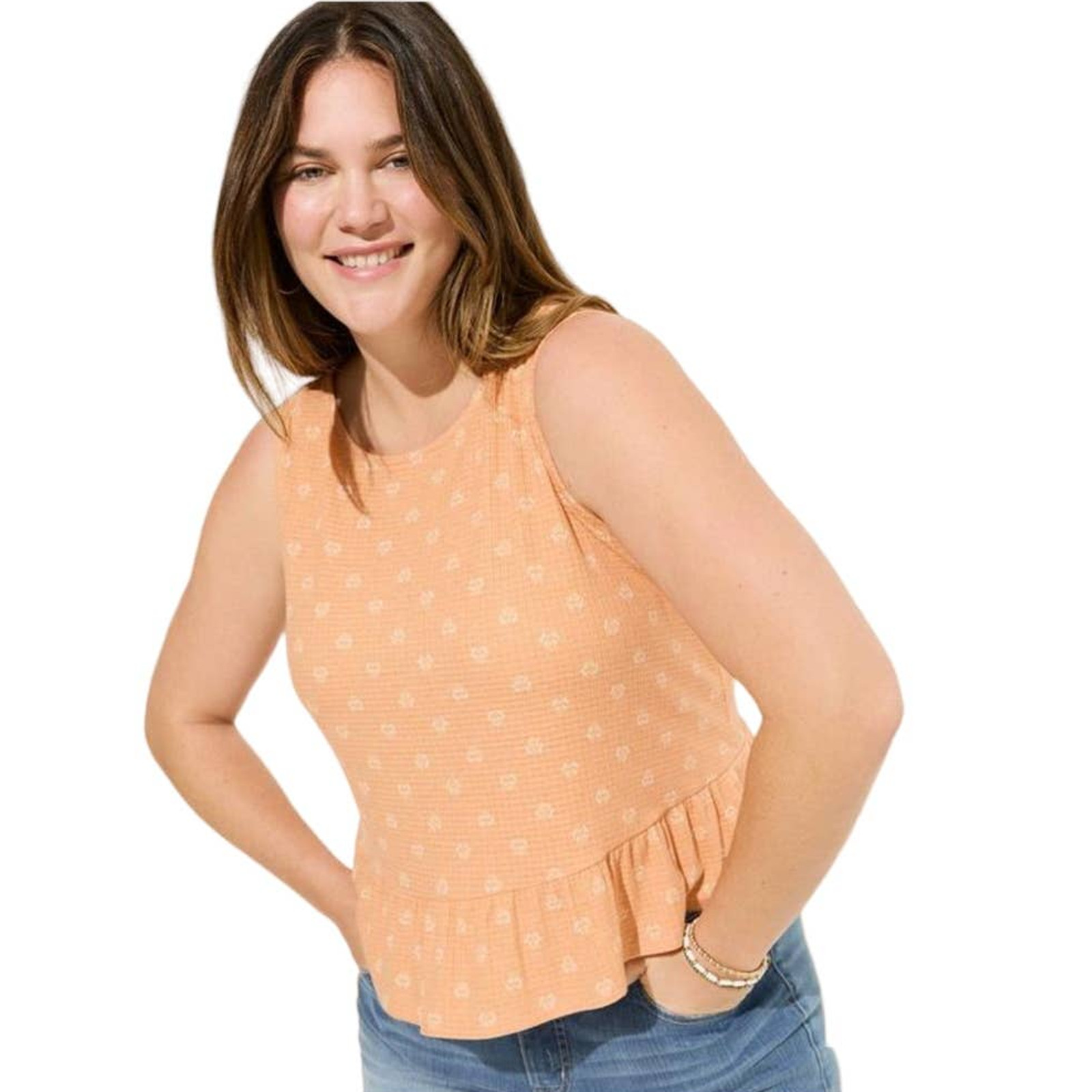 New Torrid Womans Sz 5X Shirt Texture Knit Crop Shirt Ruffle Floral Peach NWT New Torrid Womans Sz 5X Shirt Texture Knit Crop Shirt Ruffle Floral Peach NWT