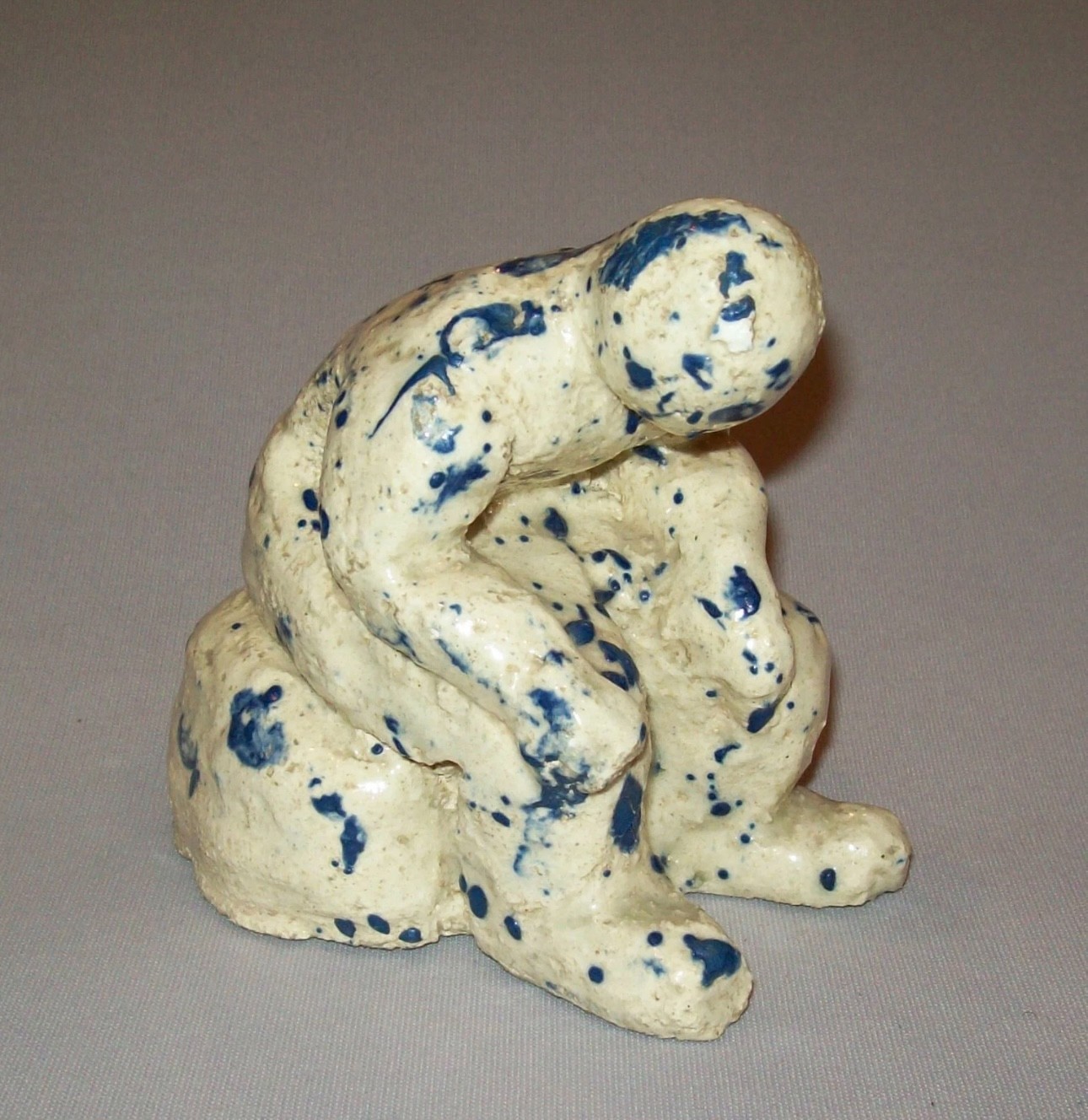 Great Old Vtg 19th C 1930s Pottery Figure of a Seated Man Blue and White Glaze