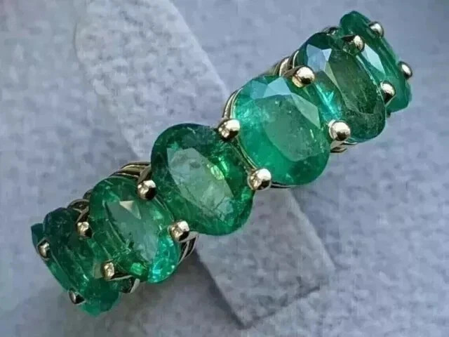 7Ct Oval Cut Natural Emerald & Diamond solid 14K Yellow Gold Eternity Band Ring