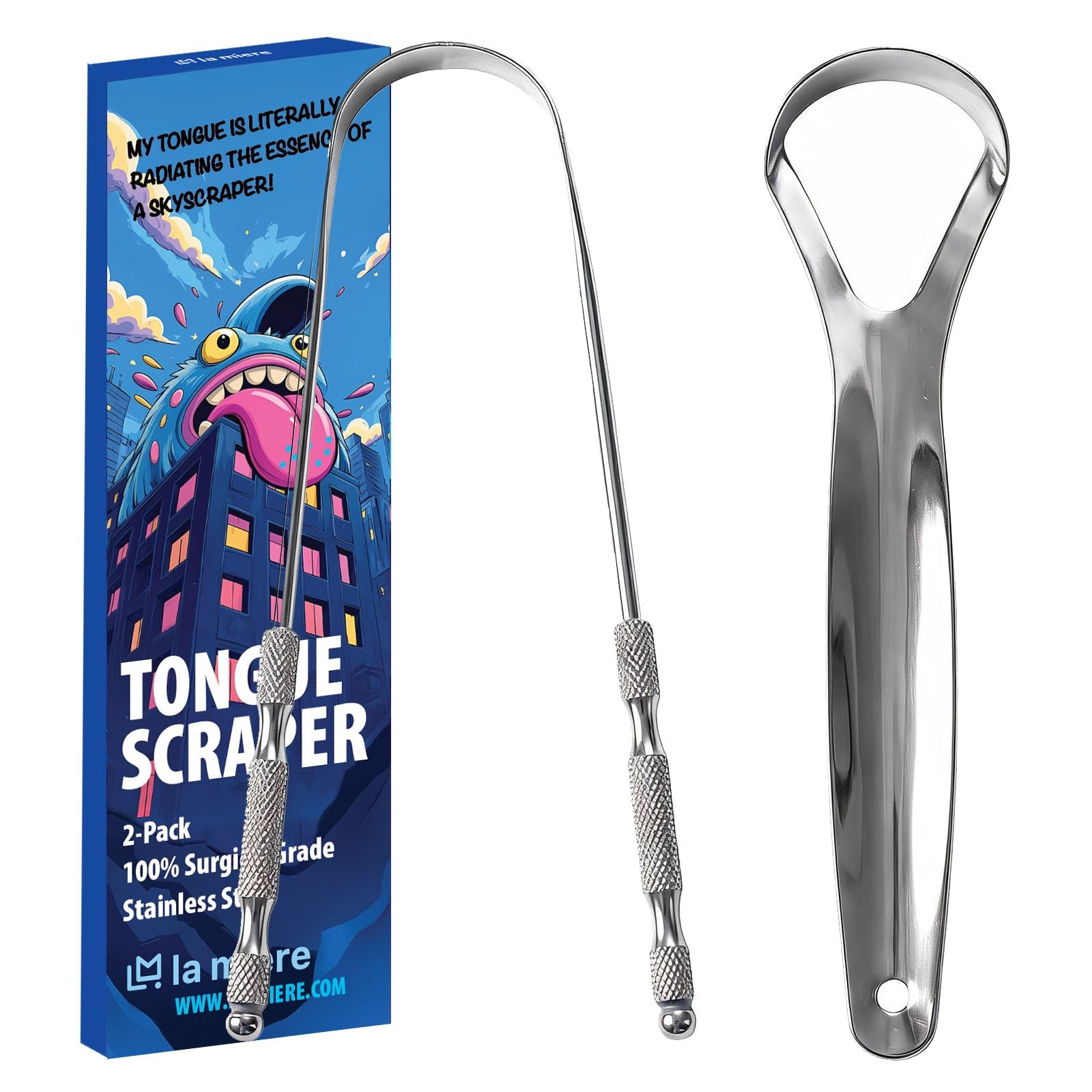 LA MIERE Tongue Scraper (2 Pack), 100% Stainless Steel, Easy to Use Tongue Scrap LA MIERE Tongue Scraper (2 Pack), 100% Stainless Steel, Easy to Use Tongue Scrap