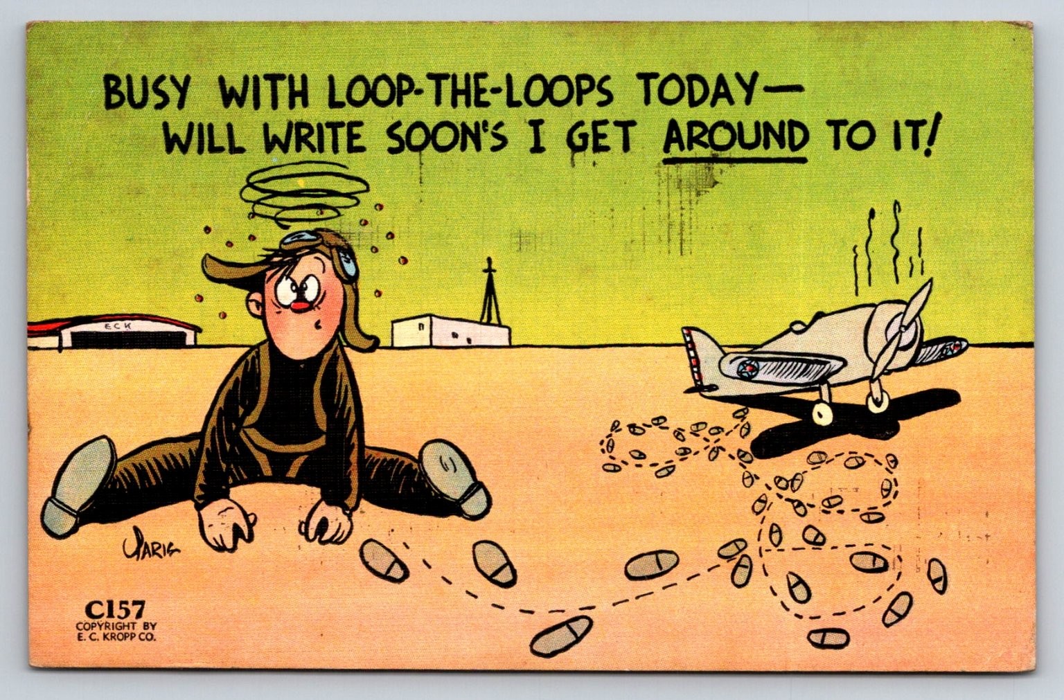 Vintage 1942 WWII Pilot Cartoon Linen Postcard - E. C. Kropp Co.