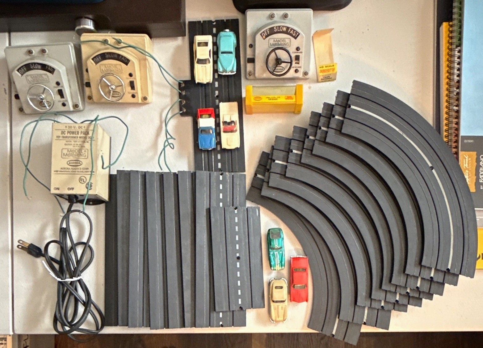 1960s Aurora Slot Car Lot w/ DC Power Pack, 3 Controllers, 7 cars, 17 tracks 1960s Aurora Slot Car Lot w/ DC Power Pack, 3 Controllers, 7 cars, 17 tracks