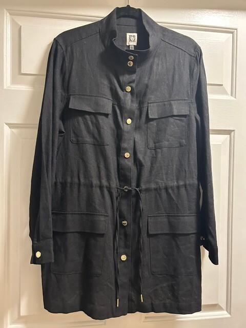 Anne Klein Black Long Sleeve Button-Up Coat with Drawstring Waist Size L