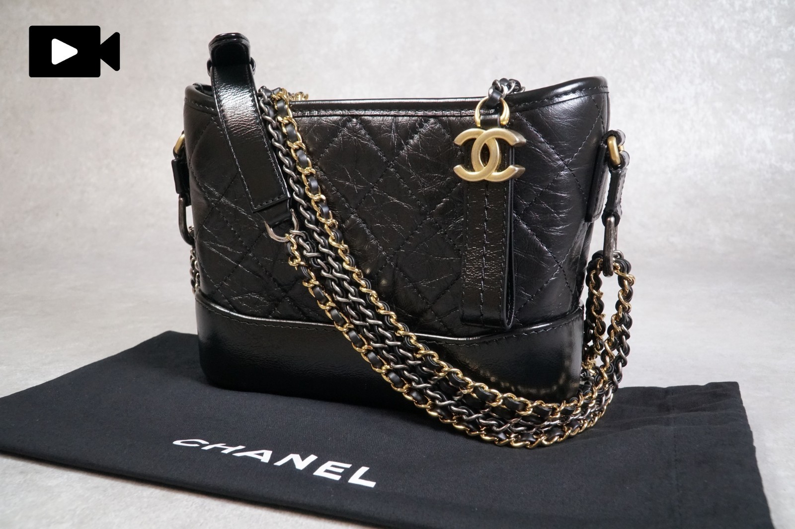 [Rank AB] CHANEL Gabrielle Chain Shoulder Bag Leather Black Gold Silver HW w/Bag