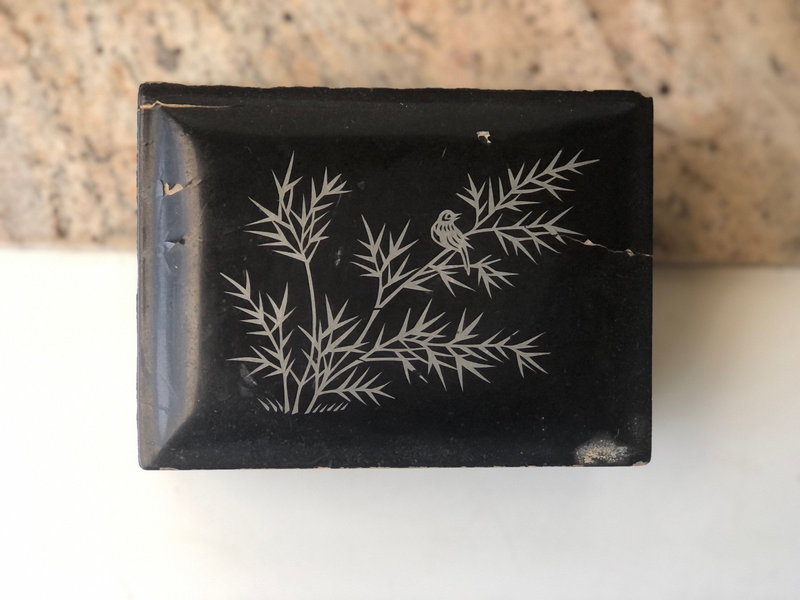 Vintage Chinese Lacquer Ware Box - Bird & Floral Design, Black & Silver Vintage Chinese Lacquer Ware Box - Bird & Floral Design, Black & Silver