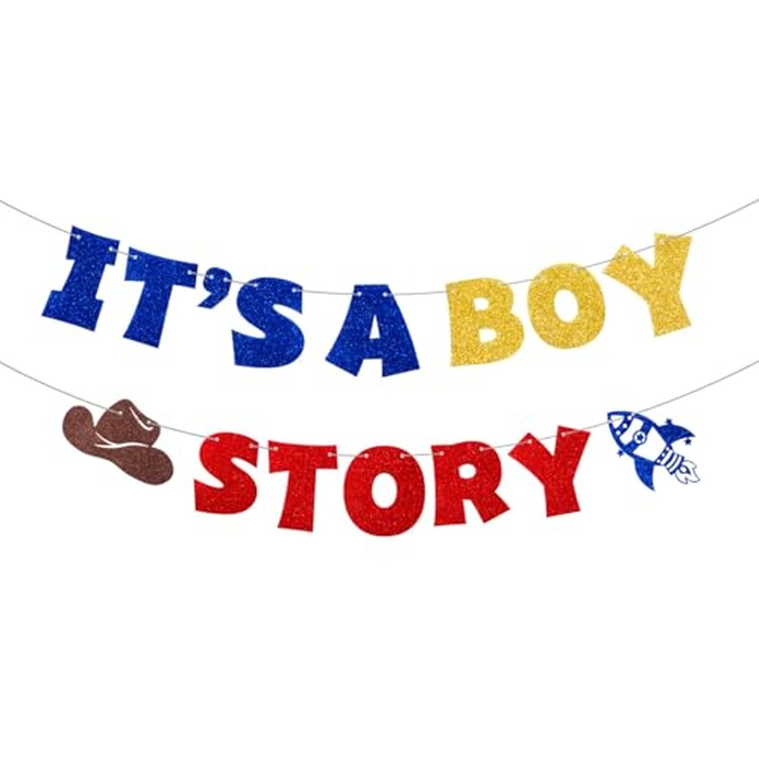 2 Strings Pre-Strung Glitter Cartoon Inspired It's A Boy Story Banner 2 Strings Pre-Strung Glitter Cartoon Inspired It's A Boy Story Banner