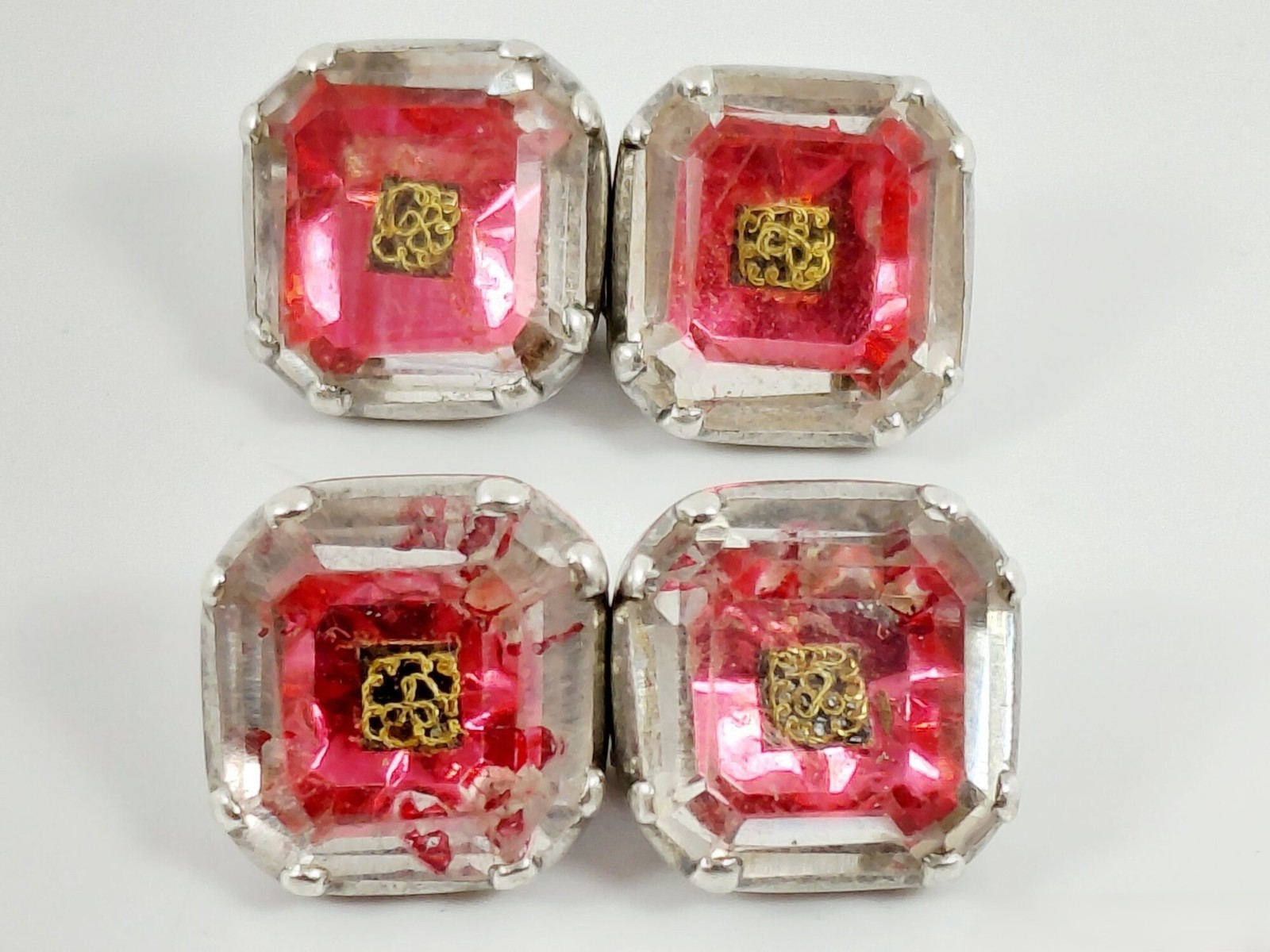 Antique Stuart Crystal Cufflink Quartz Red Foil Gold Cipher Silver *PAIR*