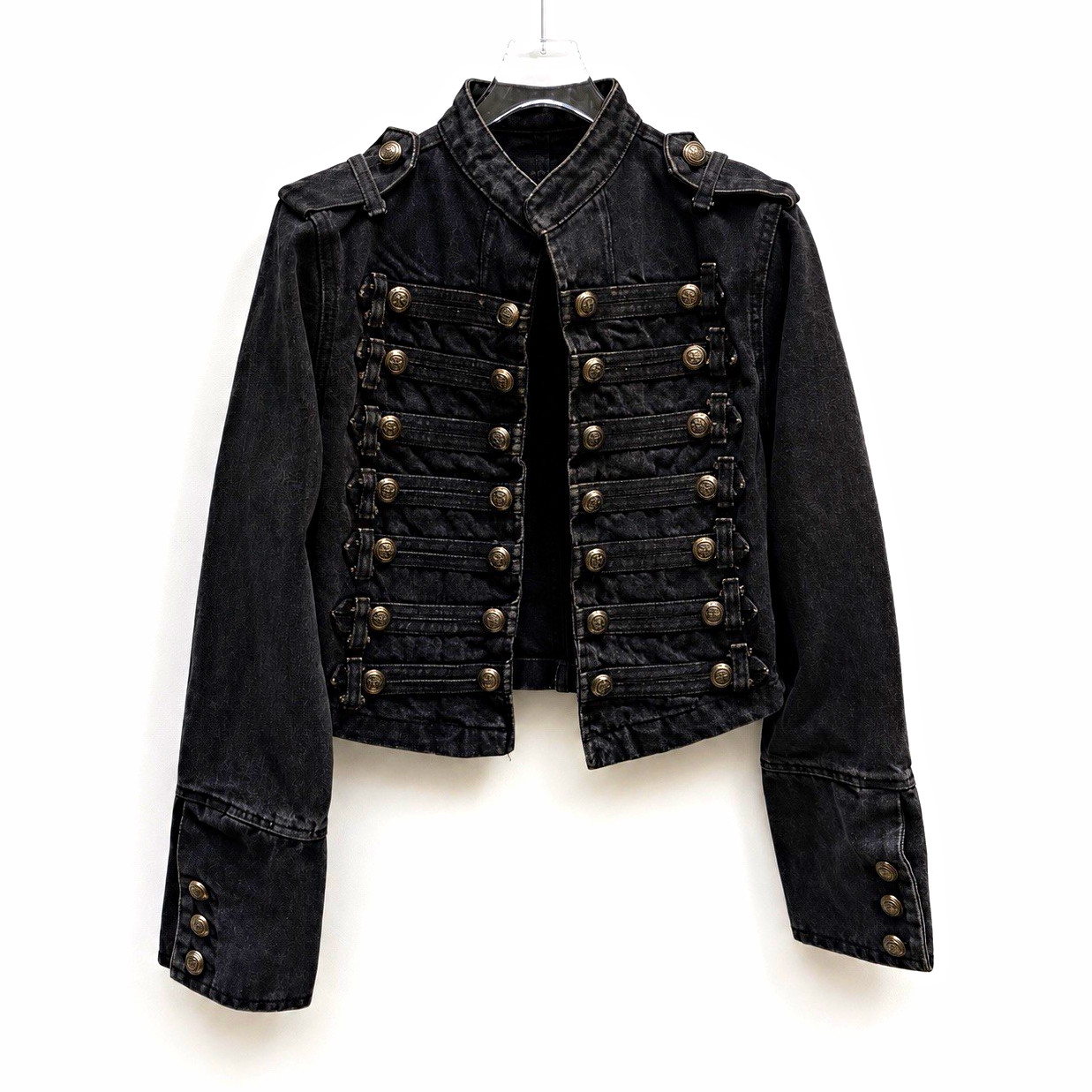 Womens Black Military Army Short Jacket Collared Button Front Long Sleeve M