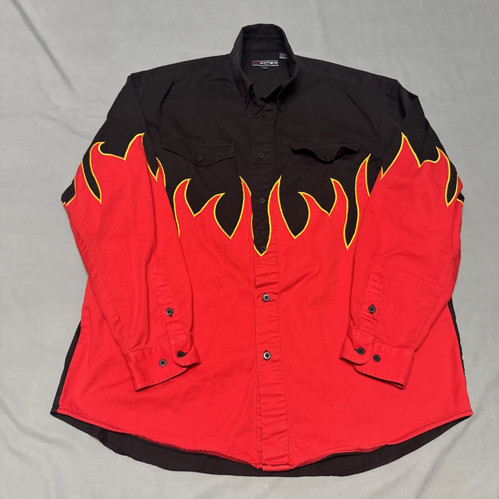 Vintage Roper Western Shirt Flames Fire Embroidered Cowboy Horse Men’s Large