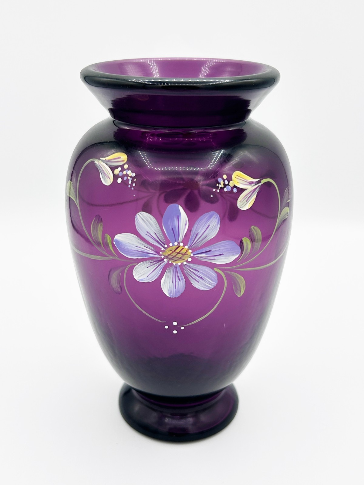 Fenton Aubergine Glass Floral Vase Hand Painted Signed D. Robinson 6.75”