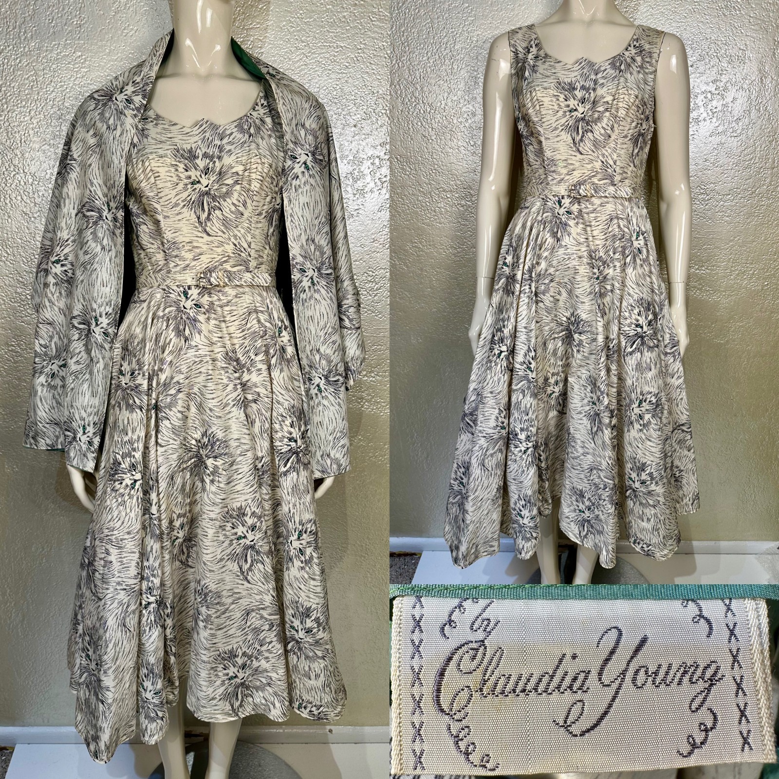 Vintage 1950s Ladies CLAUDIA YOUNG Cat Print White Cotton Dress Matching Belt XS