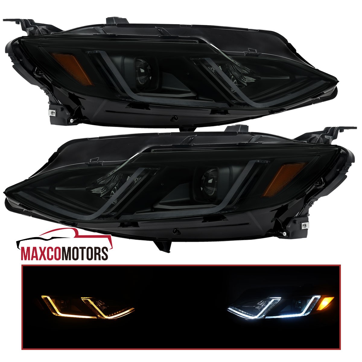 Black Smoke For 2019-2024 Chevy Malibu Sequential LED Strip Projector Headlights