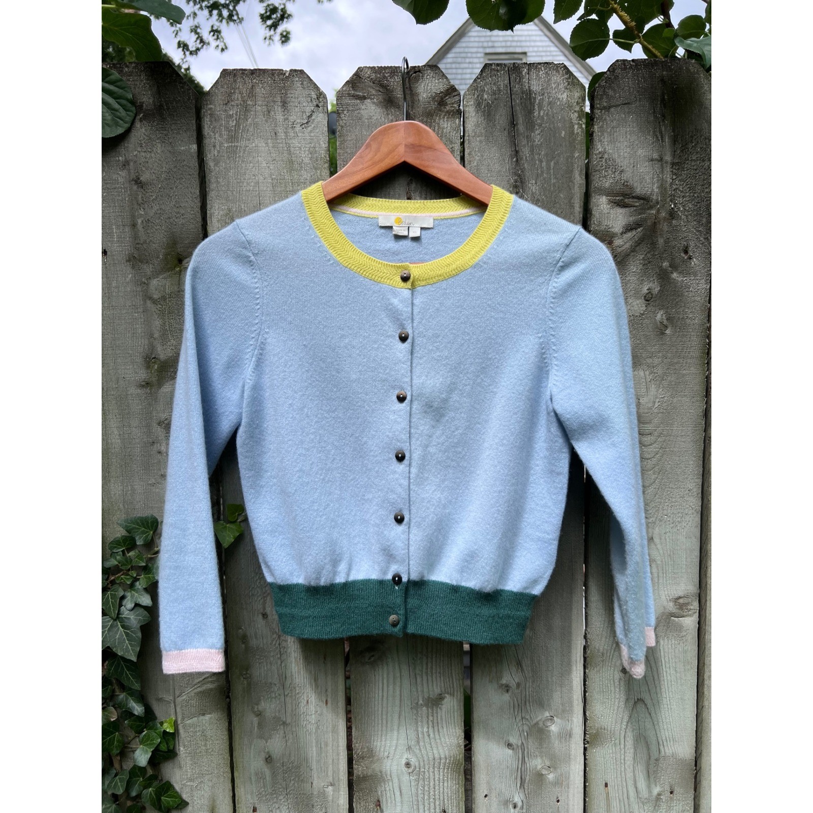 BODEN 100% Cashmere Baby Blue Colorblock Cardigan Crewneck Sweater XS