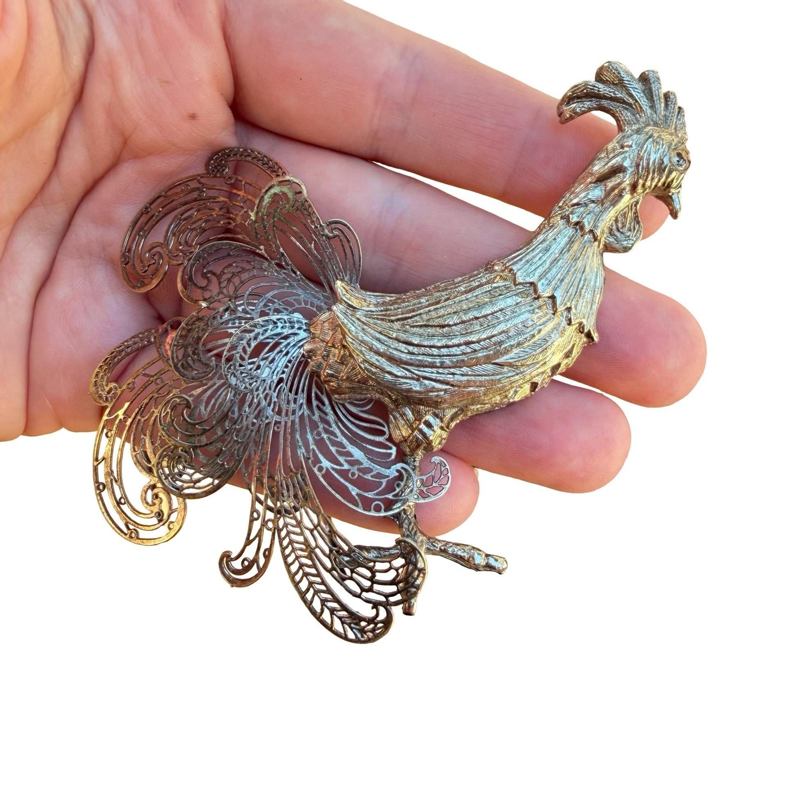Vintage RARE 1971 JAN MAX rooster figural brooch with large filigree tail chicke Vintage RARE 1971 JAN MAX rooster figural brooch with large filigree tail chicke