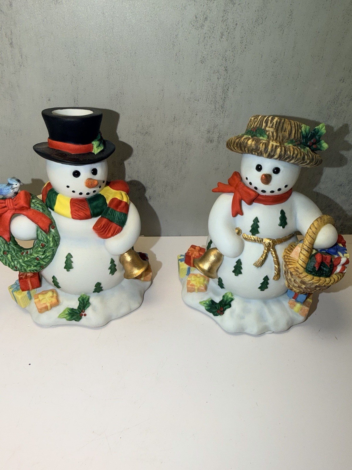PartyLite #P7649 Snowbell Taper Candle Holder Pair 5” Snowman & SnowLady New NIB