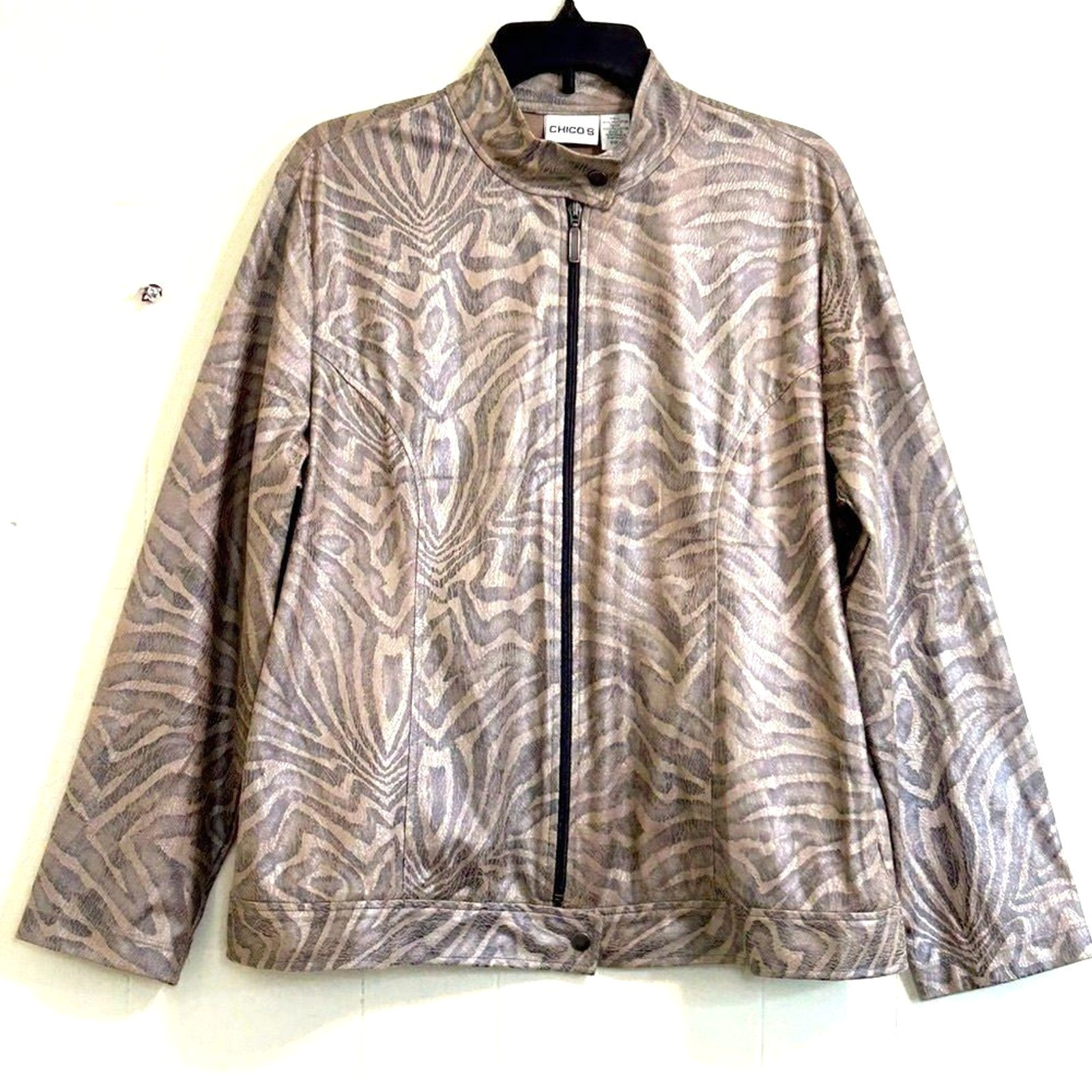Chico’s Women\'s Jacket Blazer Size XL Tan Brown Metallic Animal Print Jacket