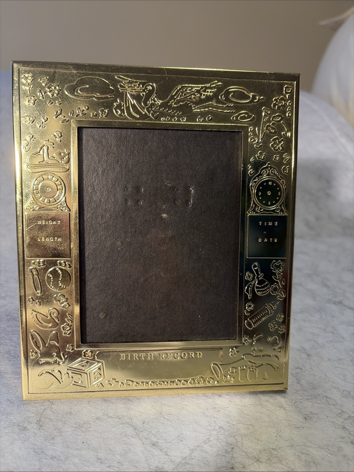 Gold Tone Table Frame Baby’s Birth Records  Engrave Weight Length Date Time #536