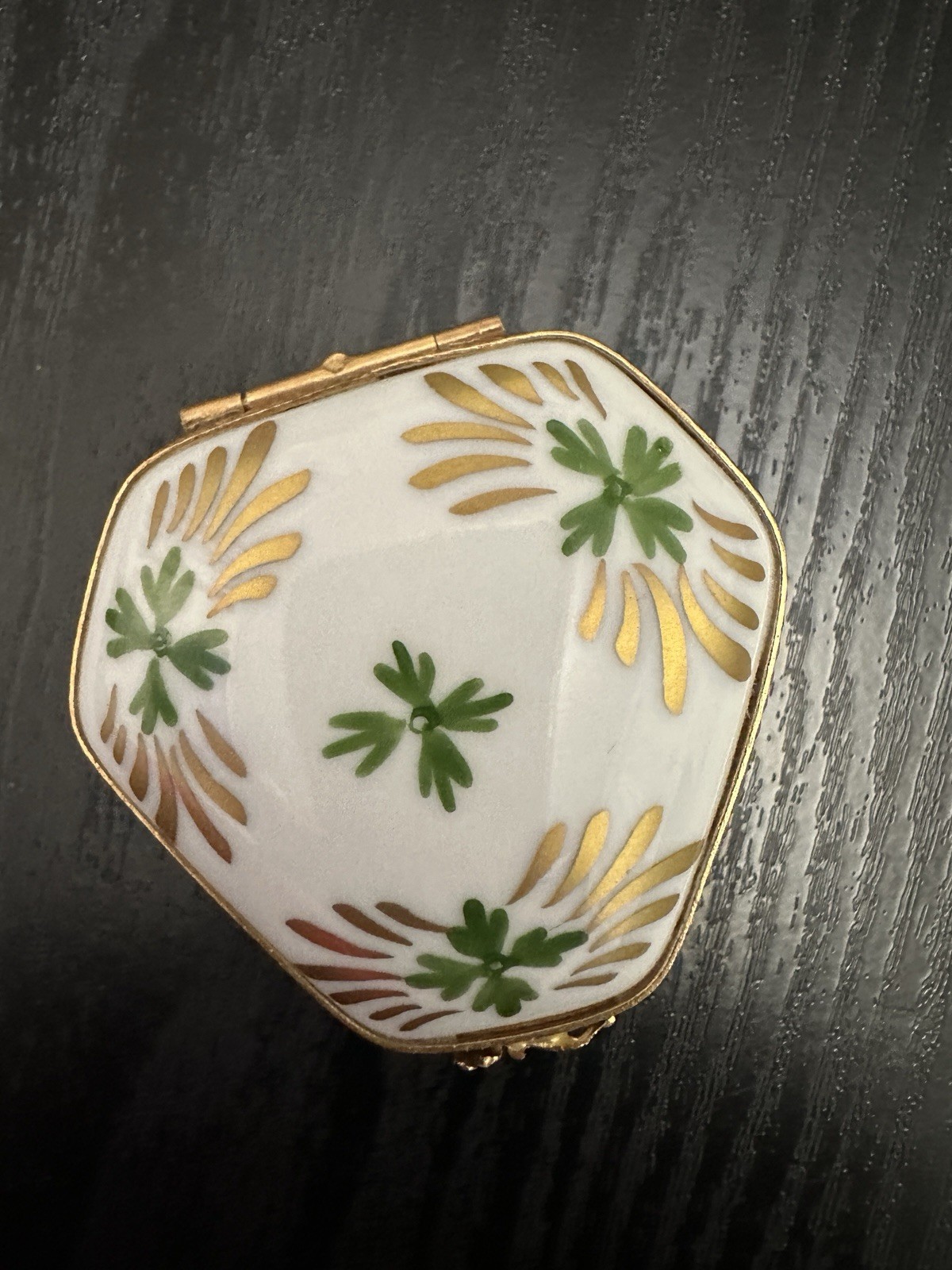Eximious Limoges France Porcelain Trinket Box Green Gold Floral Hand Decorated