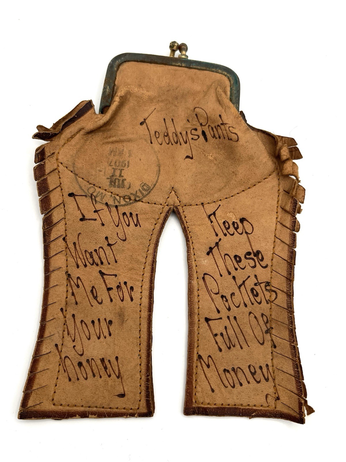 RARE 1907 Leather Postcard Cowboy Chaps Coin Purse-Posted Postcard Teddy\'s Pants
