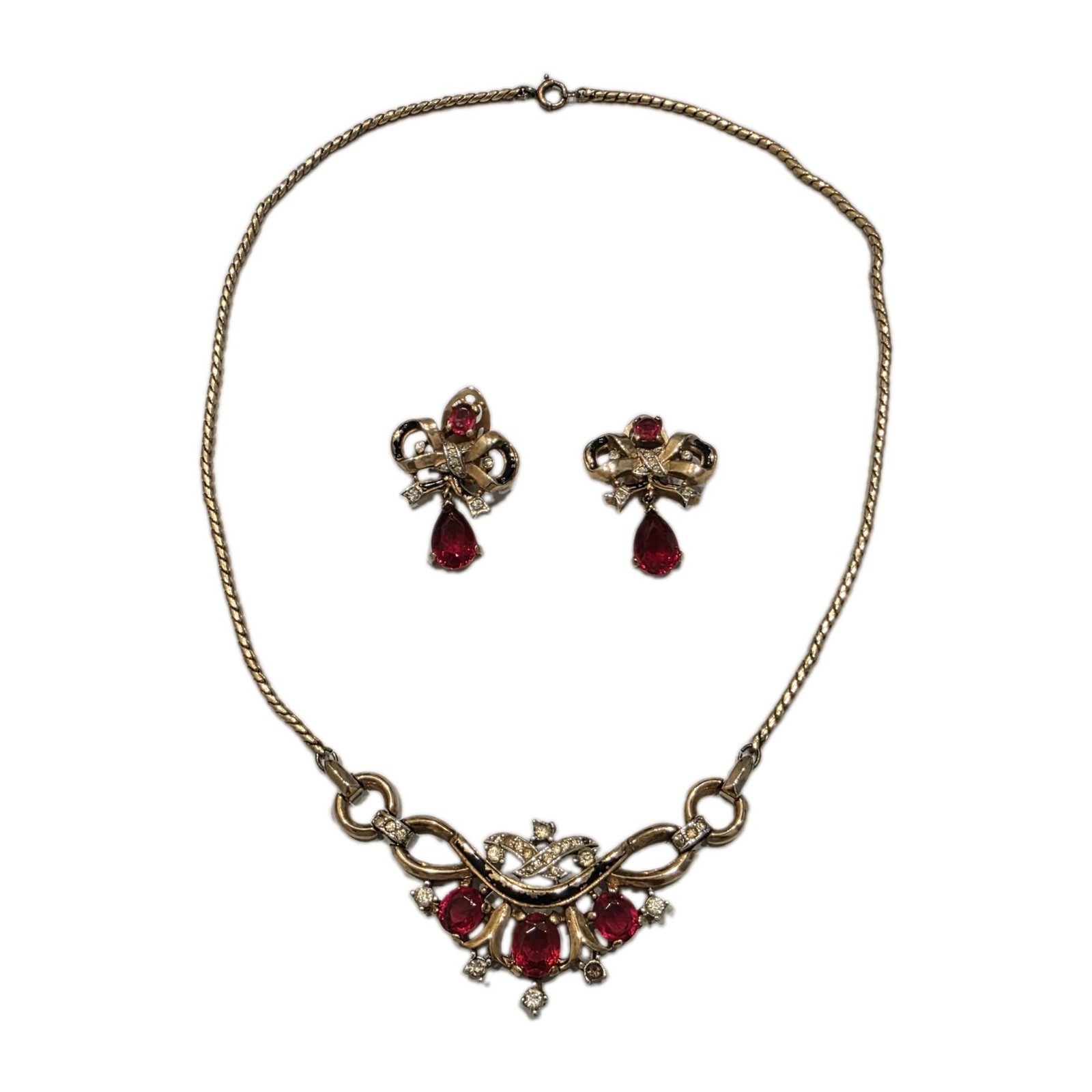 Vintage Trifari Alfred Philippe Ruby Bow Parure Necklace Earrings PAT PEND 18