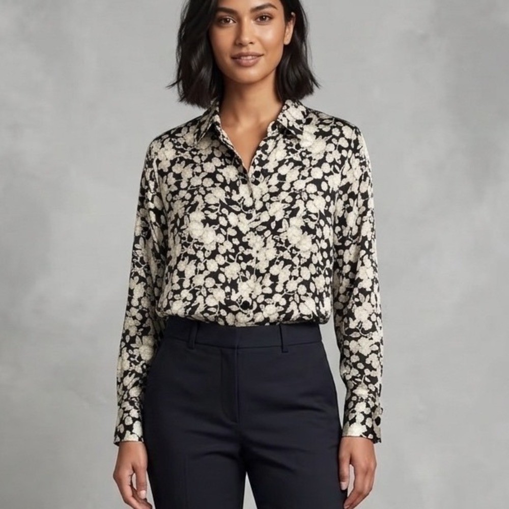 H&M Black Cream Floral Button Down Shirt Long Sleeve Blouse O/N 238004 Size M