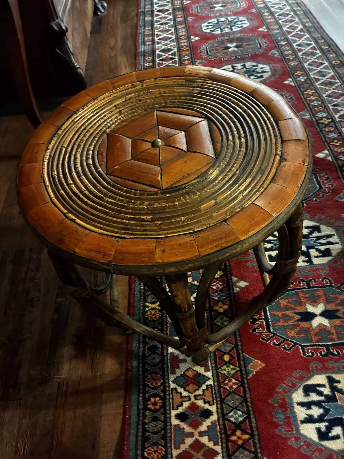 RARE MCM rattan table w geometric design on top. EXCELLENT  original condition