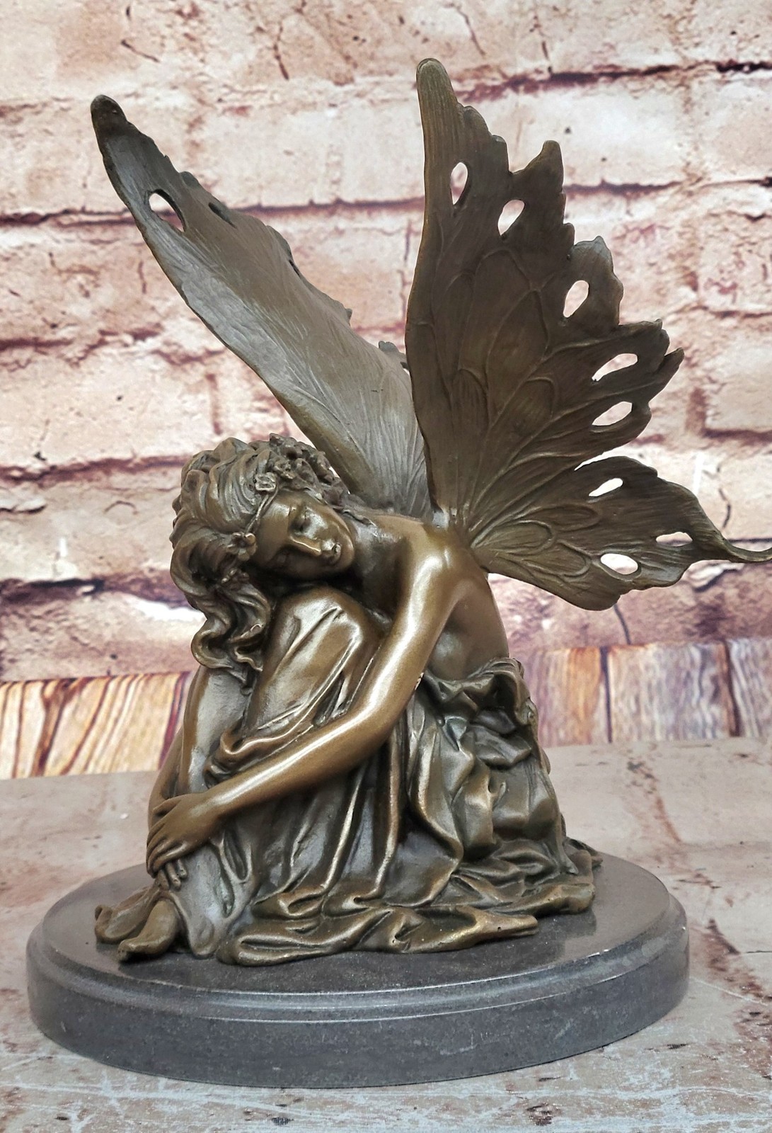 Signed Original Fairy With Wings Goddess Bronze Marble Sculpture Statue Hot Cast