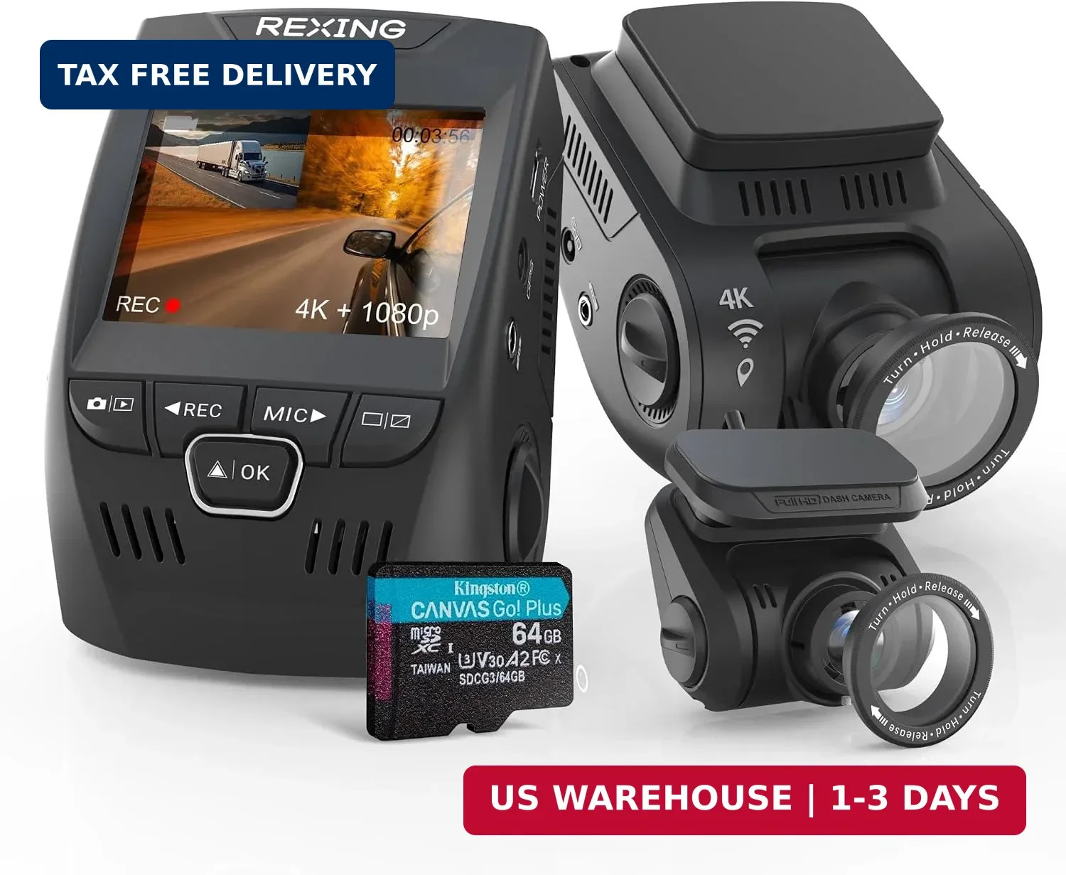 RexingUSA V1P SE 4K Dual Dash Cam w/GPS, Wi-Fi & 2pcs-CPL Filter | 512GB Support