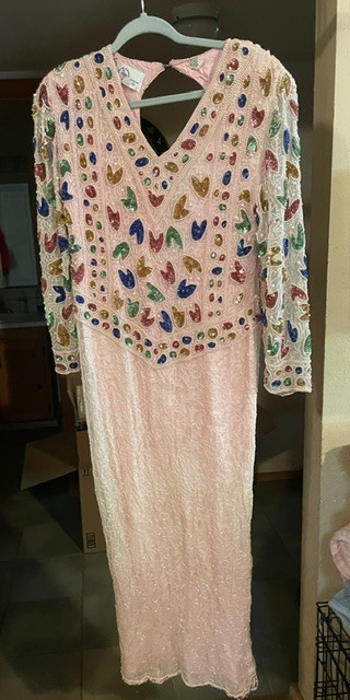 The Pink Flamingo Fully Beaded Silk Evening Gown • Size M • Vintage 1990s
