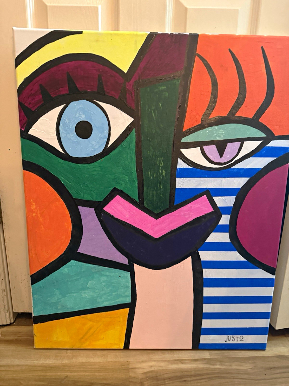 JUSTO Signed Original Abstract Face Portrait Painting On Canvas Medium Unframed JUSTO Signed Original Abstract Face Portrait Painting On Canvas Medium Unframed