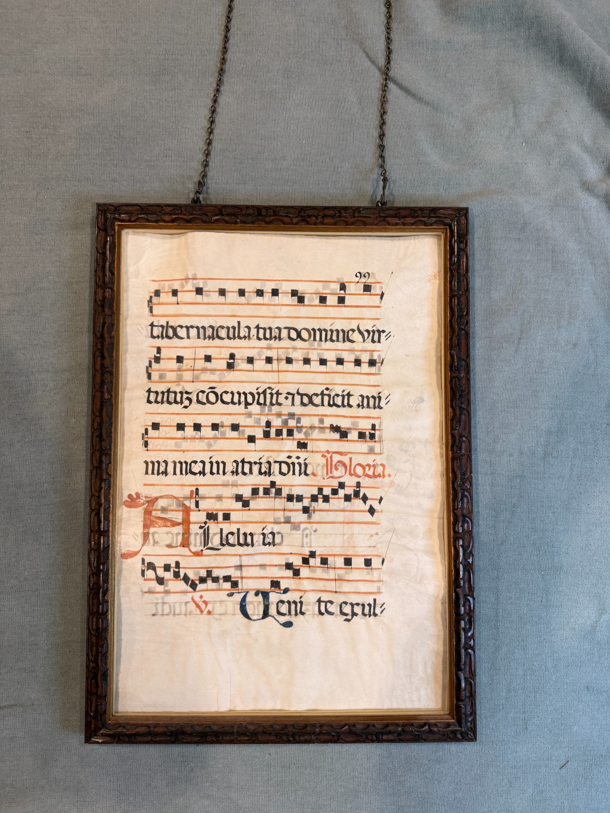 Gregorian Chant Vellum Manuscript Leaf Framed Suspended Hanging Chain Liturgical