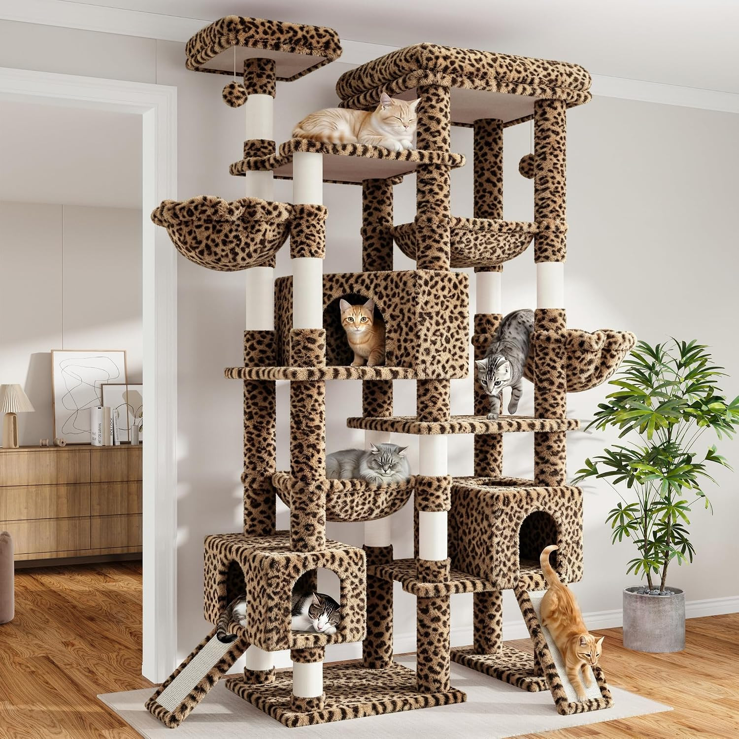 Sha Cerlin 87 in Multi-Level Tall Cat Tree Tower, Leopard Print Sha Cerlin 87 in Multi-Level Tall Cat Tree Tower, Leopard Print