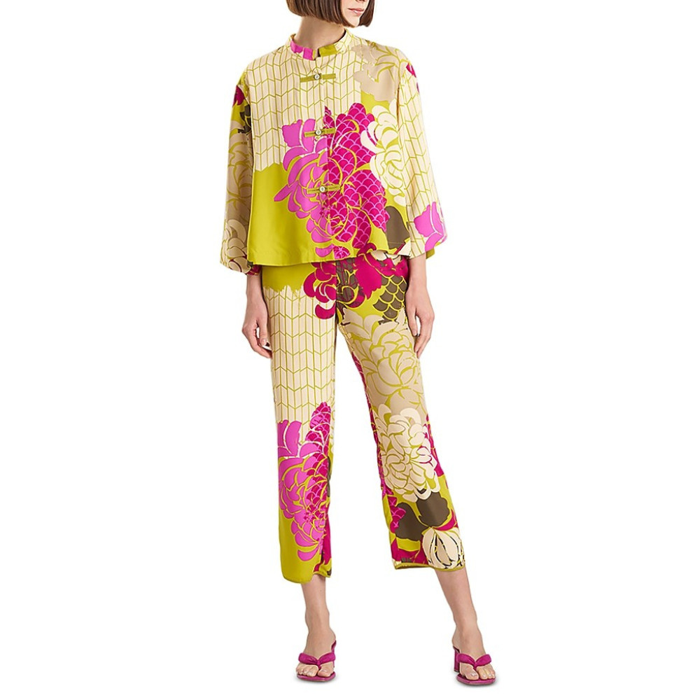 Natori Rimini Satin Pajama Set Womens M Multi Mandarin Collar Side Slit GBO2890